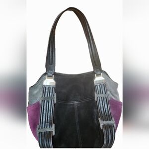 TINGNANELLO leather suede shoulder bag vintage 80' black purple Grey handle hobo